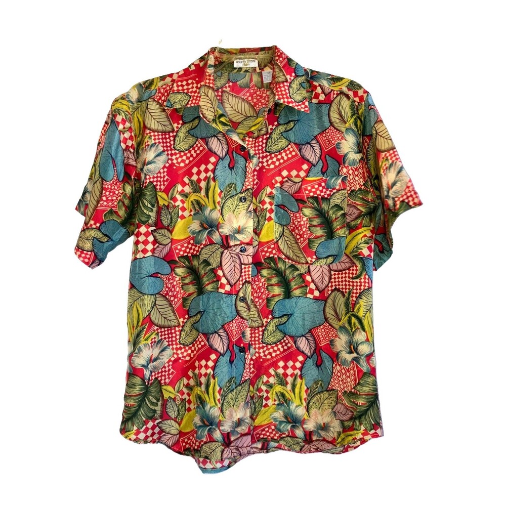ROBERT STOCK sz M 100% Silk Button Relaxed Hawaiian Camp Shirt Blouse Top